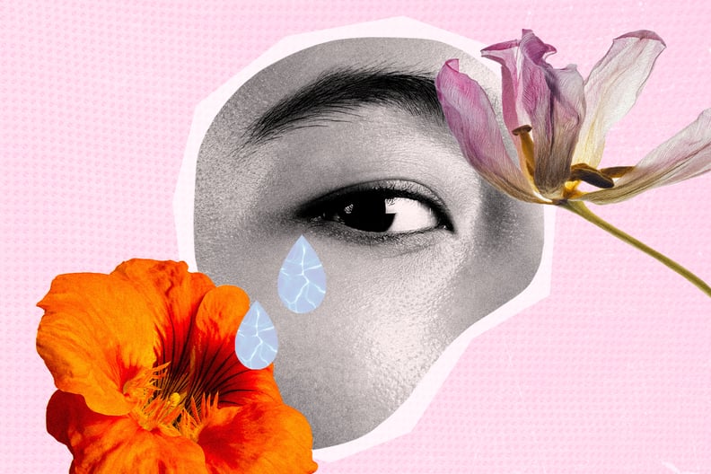 Collage of woman crying and flowers on a pink backdrop.