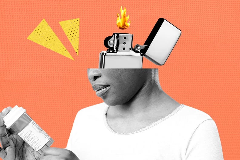 Woman holding pill bottle collaged with a lighter at the top of her head.