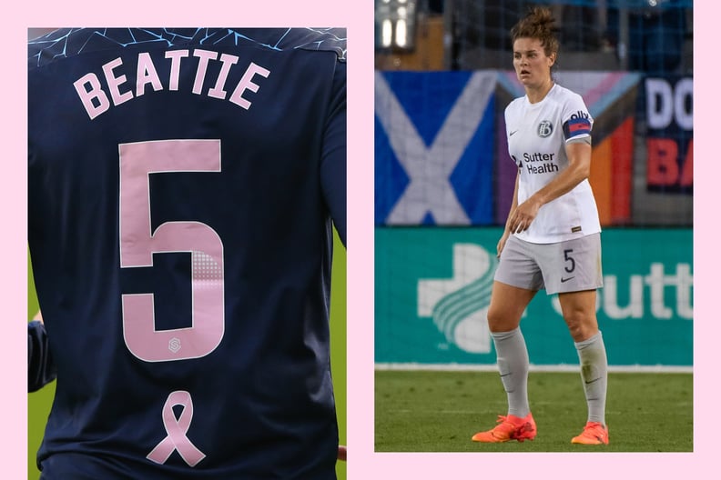 Jen Beattie on the soccer field side-by-side a Jen Beattie breast cancer jersey.
