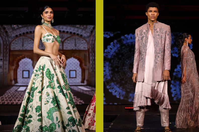 Side-by-side photos show a woman and a man in designer South Asian clothing at Nyraa Fashion Week.