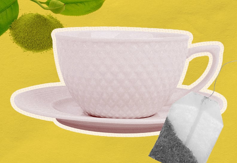 White teacup on white plate with a tea bag beside it on a lime green backdrop.
